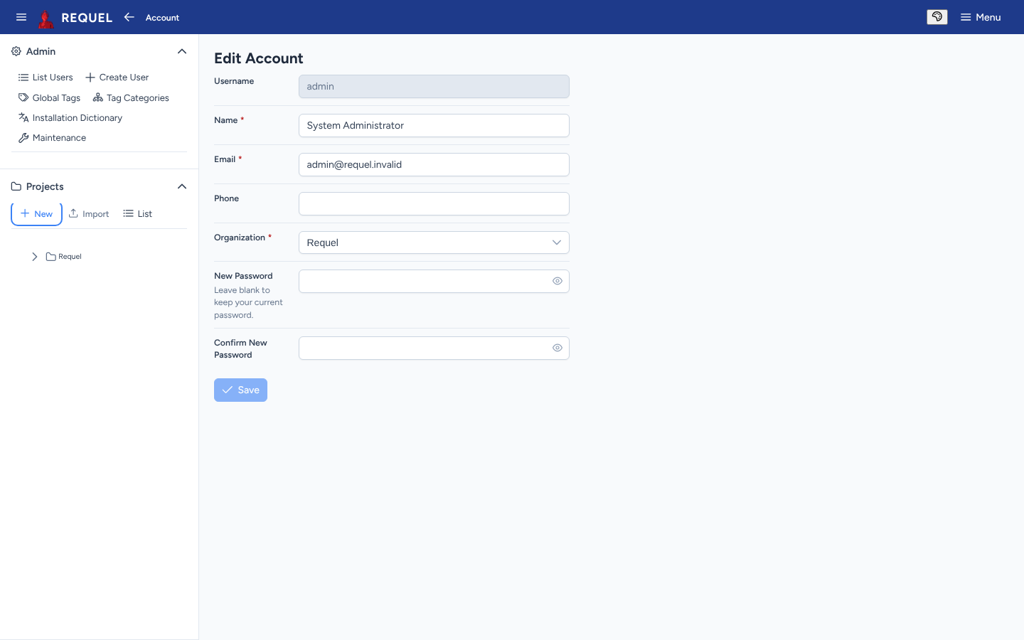 The Edit Account page with name, email, phone, organization and new password fields.