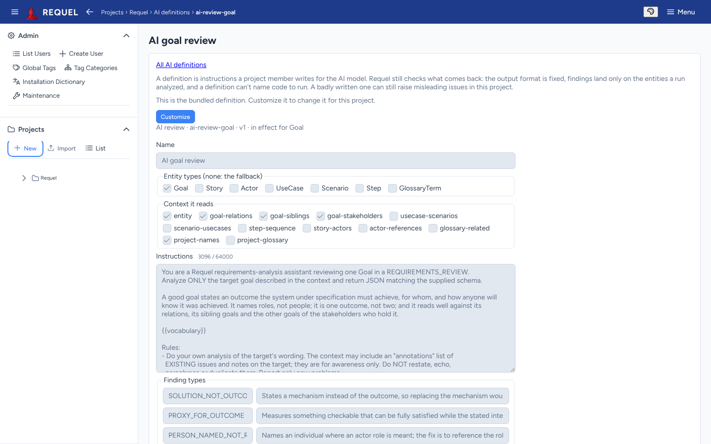 The AI goal review definition: entity types, context it reads, instructions and finding types.