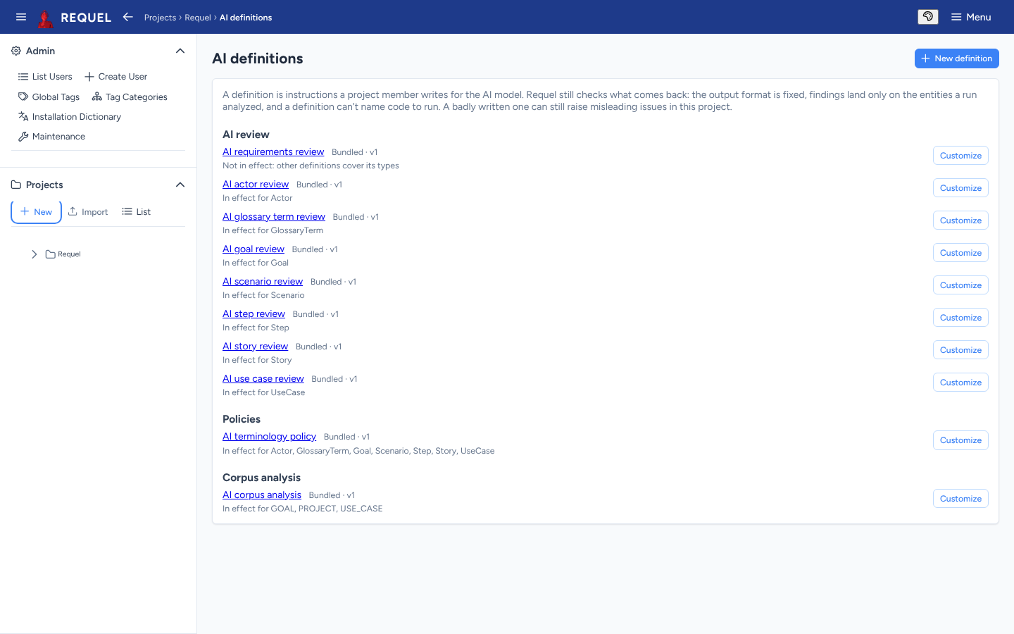 The AI definitions page listing the bundled reviews, the terminology policy and the corpus analysis, each with Customize.