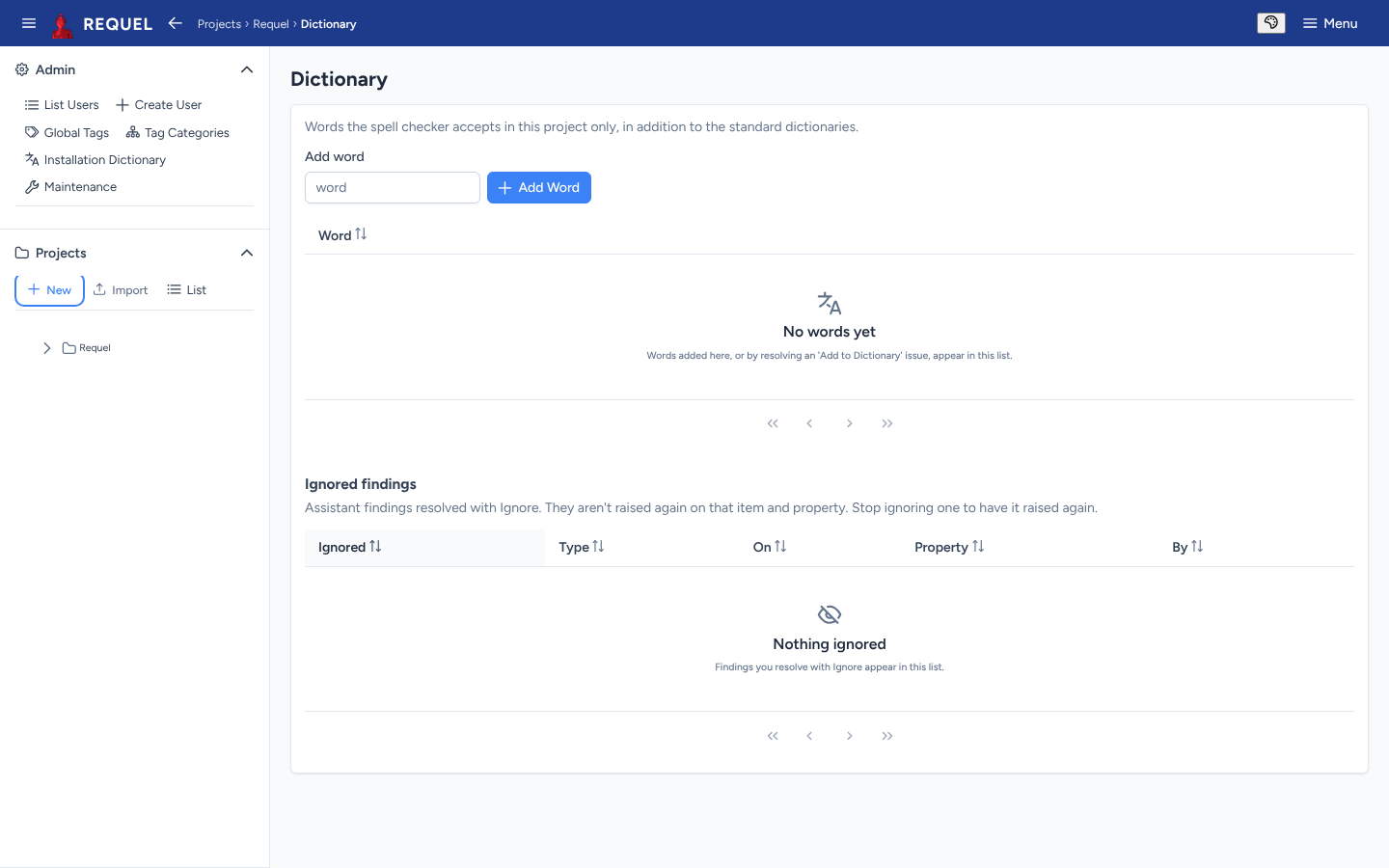 The project Dictionary page: add a word, the word list, and Ignored findings.