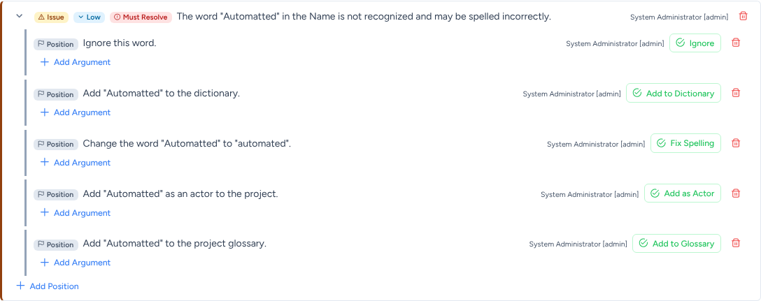 A spelling issue on the word Automatted, with positions to ignore it, add it to the dictionary, fix the spelling, add it as an actor or add it to the glossary.