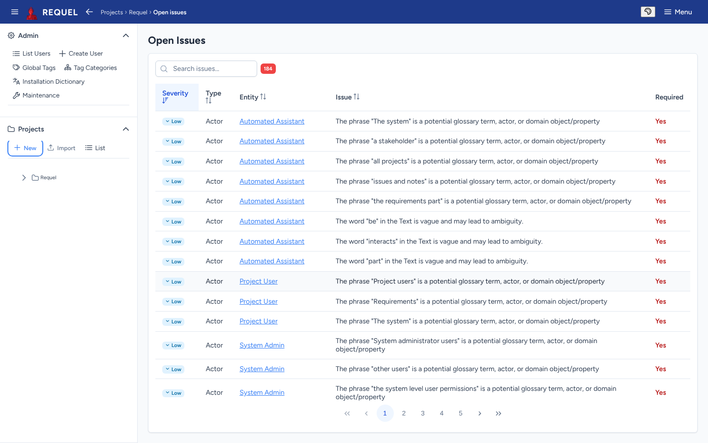 The Open Issues page: a searchable table of severity, type, entity, issue text and whether it is required.