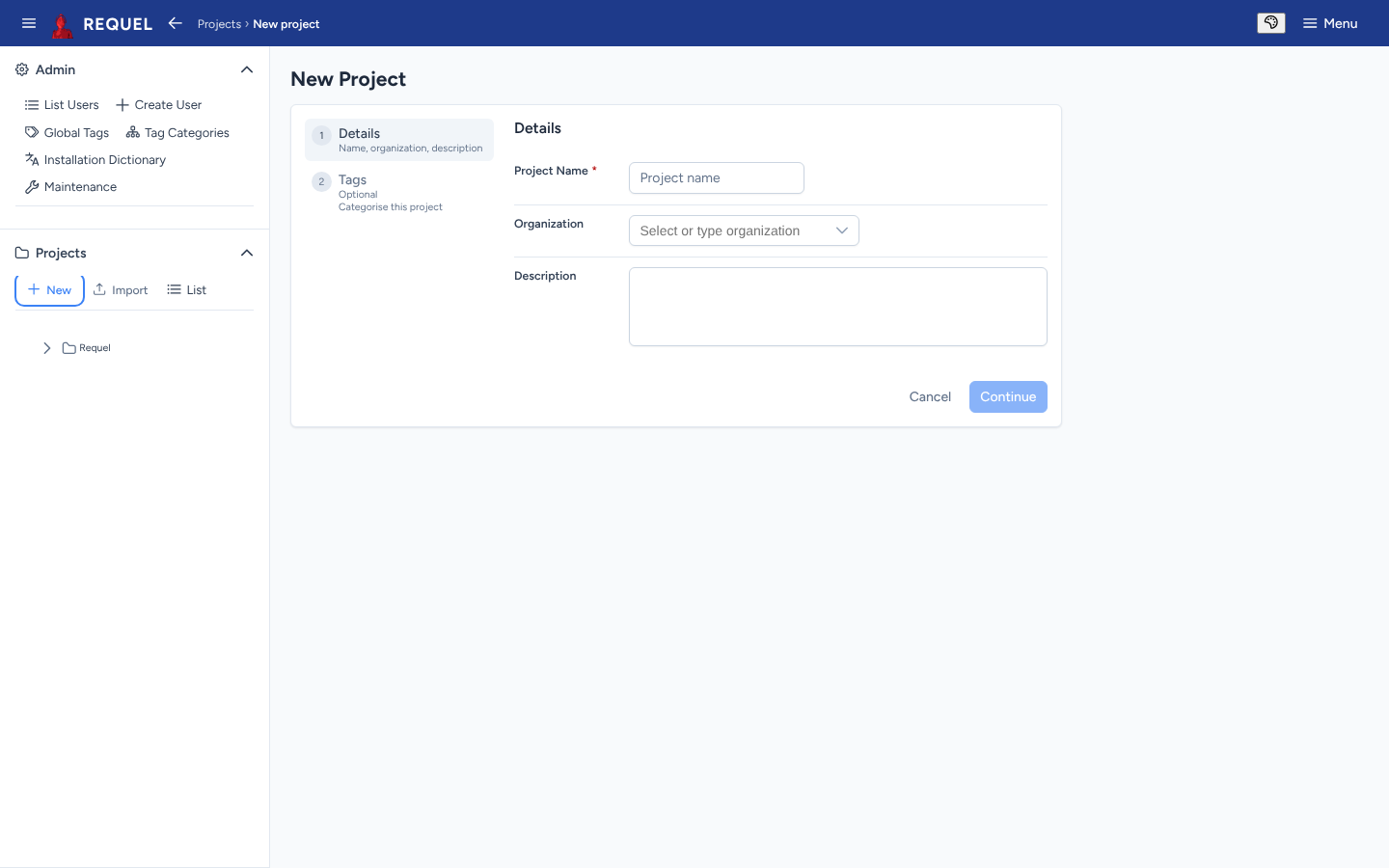 The New Project wizard: Details (name, organization, description) and an optional Tags step.