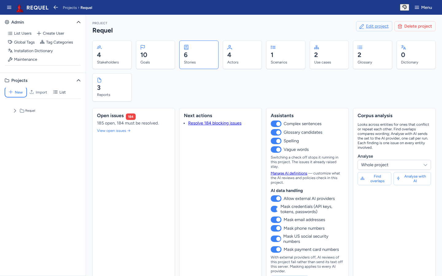 The Requel project overview: count tiles, open issues, next actions, assistants and corpus analysis.
