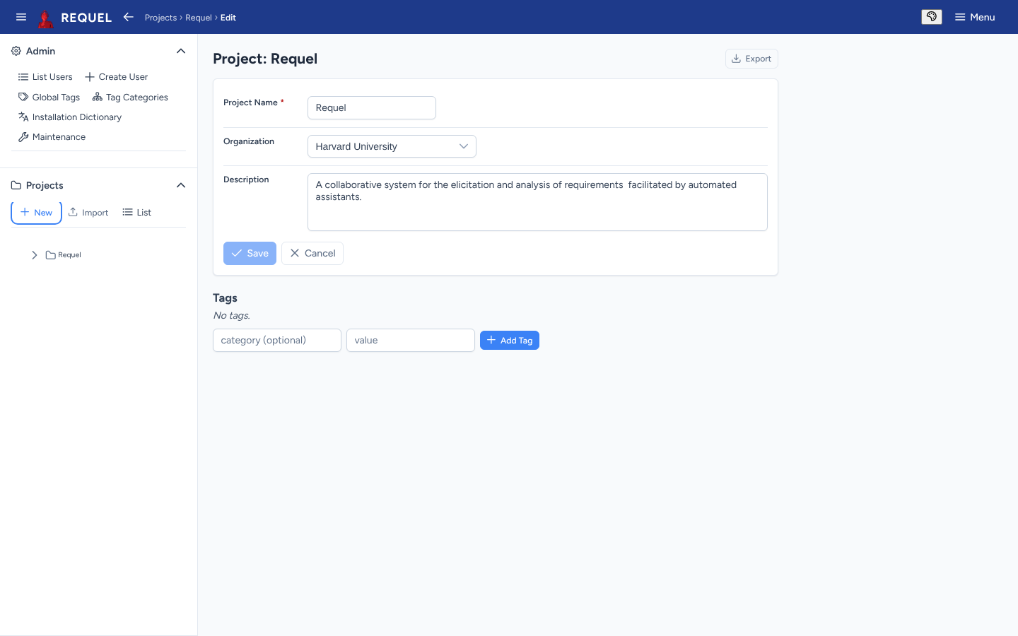 The project edit page with Details and Tags tabs and an Export button.