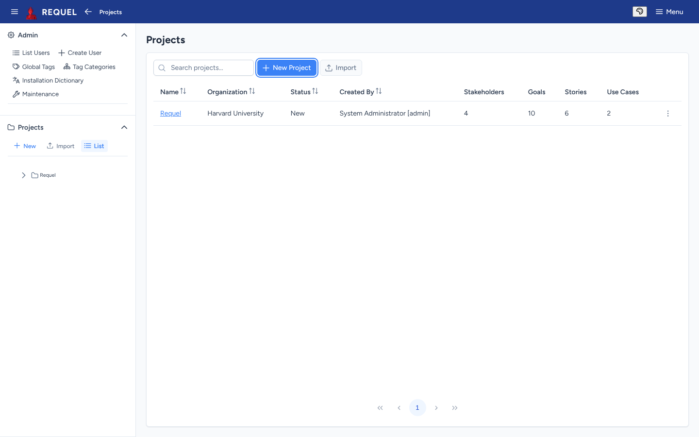 The Requel window: a blue top bar, a sidebar with Admin and Projects sections, and the project list.