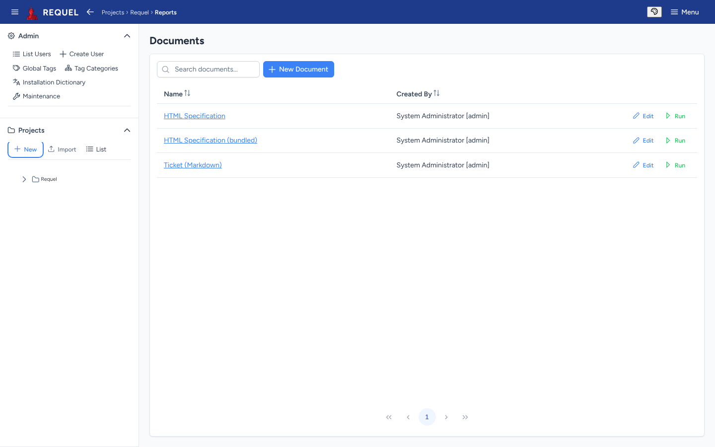 The project's reports page listing HTML Specification, HTML Specification (bundled) and Ticket (Markdown), each with Edit and Run.