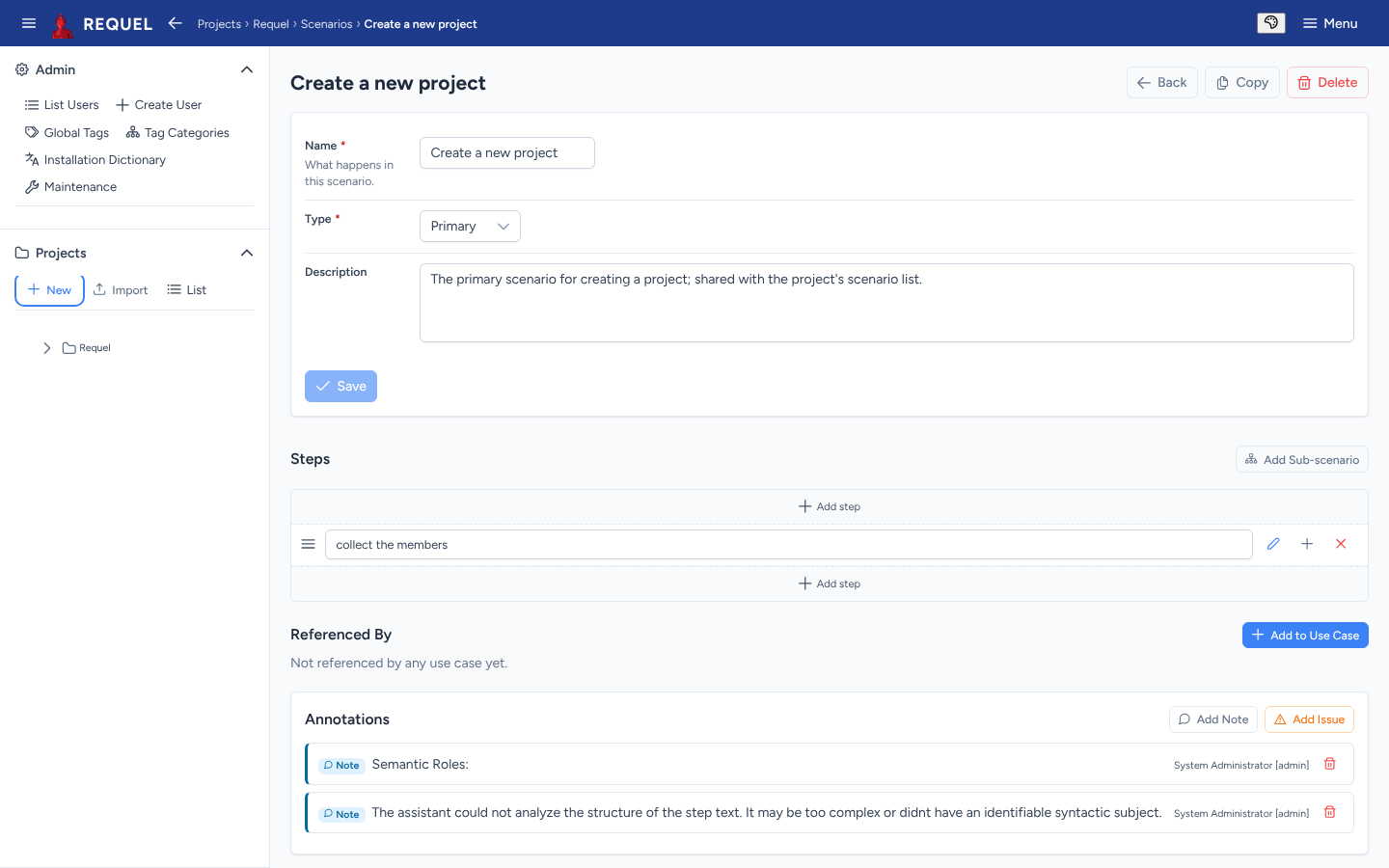 The scenario editor: name, type and description, then the steps.
