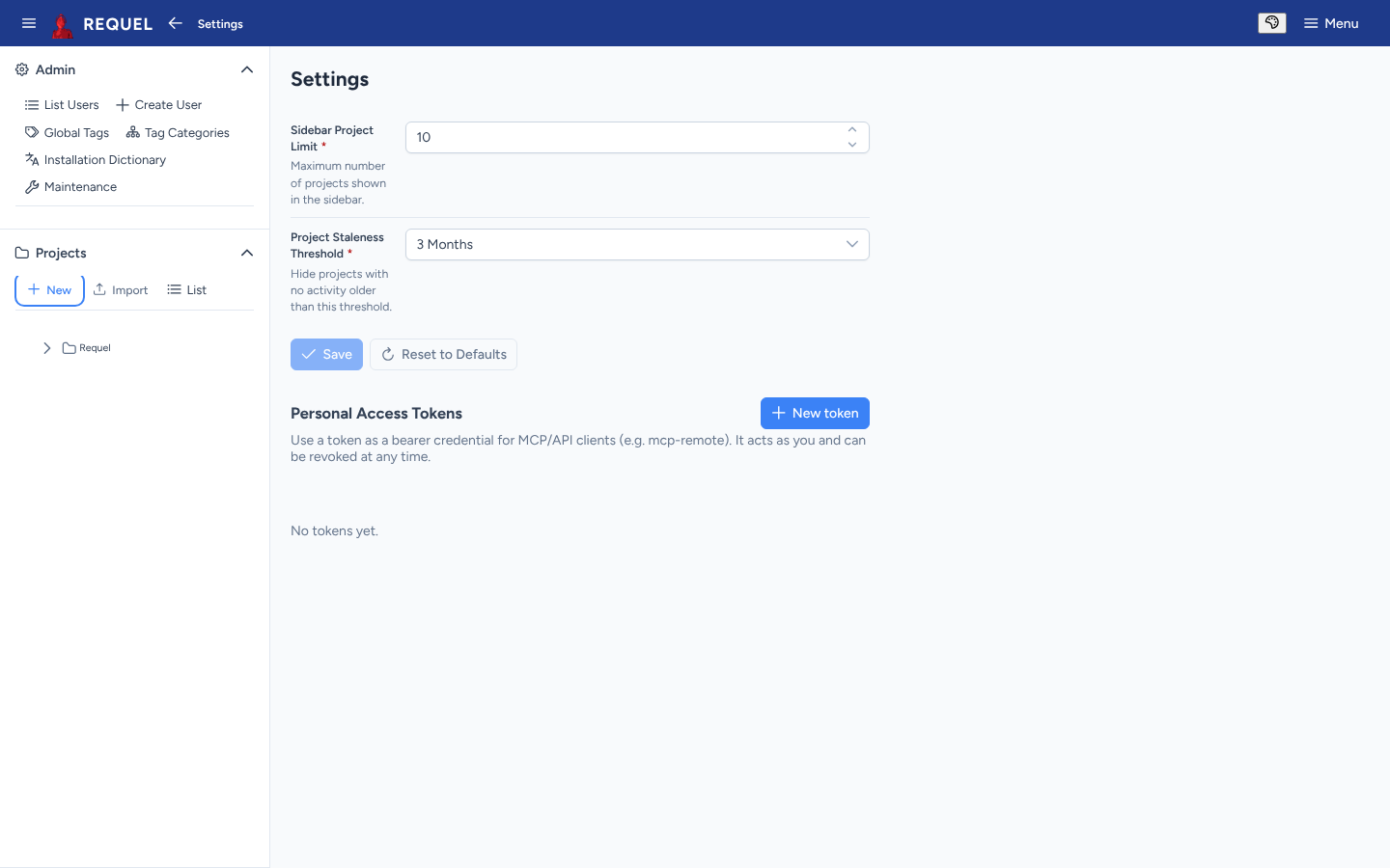 The Settings page with the sidebar options and the Personal Access Tokens section.