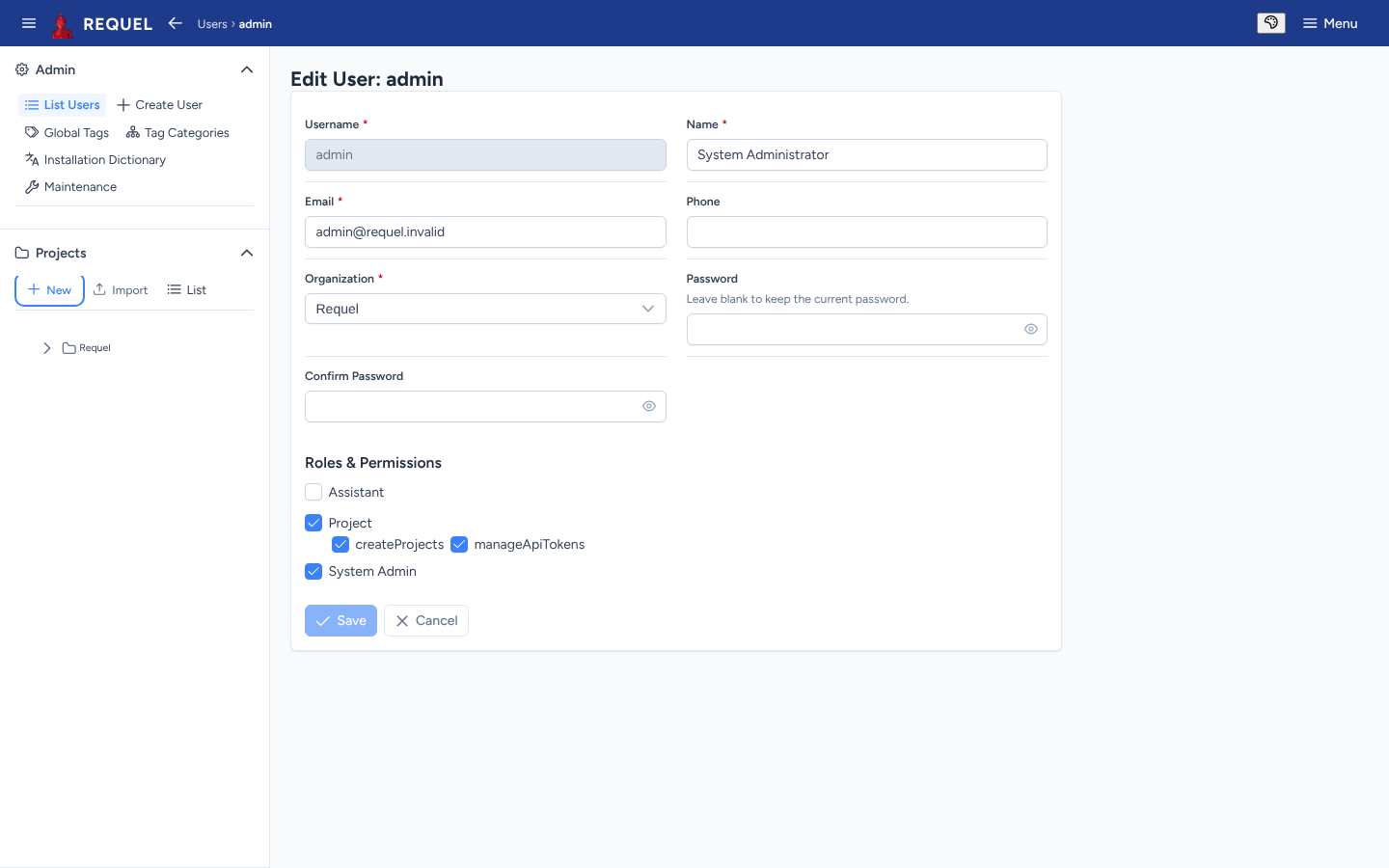 Editing the admin user: account fields and the Roles and Permissions checkboxes.